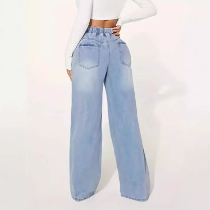 High Waist Drawstring Loose Wide Leg Light Blue Jeans - Image 3