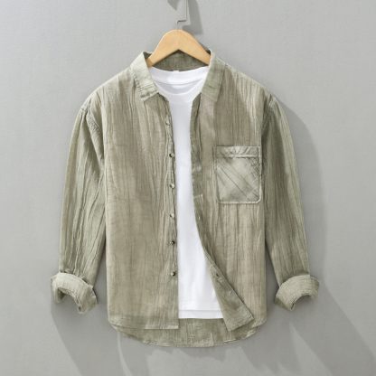 Pleated Lapel Long Linen Sleeves Retro Solid Color Casual Loose Youth Cotton Linen Shirt - Image 9