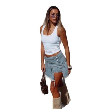 Rivet Irregular Pleated A- Line Women's Denim Skirt - Image 5