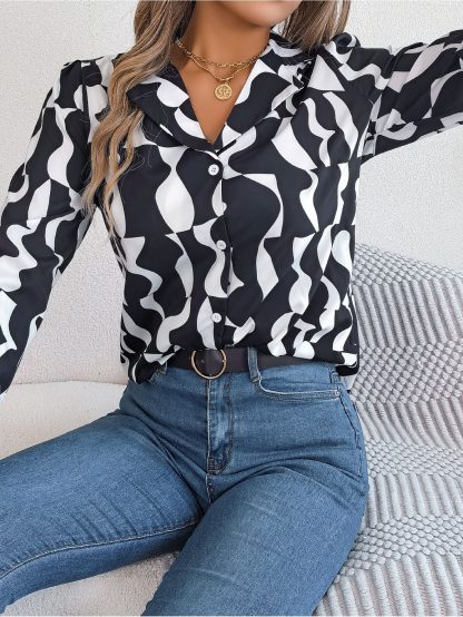 Commuting Elegant Contrast Color Striped Suit Collar Long Sleeve Shirt - Image 7