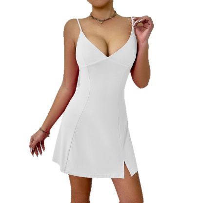 V-neck Sexy Fashion Suspenders Solid Color Sleeveless Waist Dress - Image 5