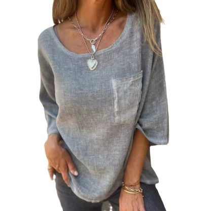 Round Neck Pullover Bat Three-quarter-length-sleeved T-shirt Pocket Color Matching - Image 5