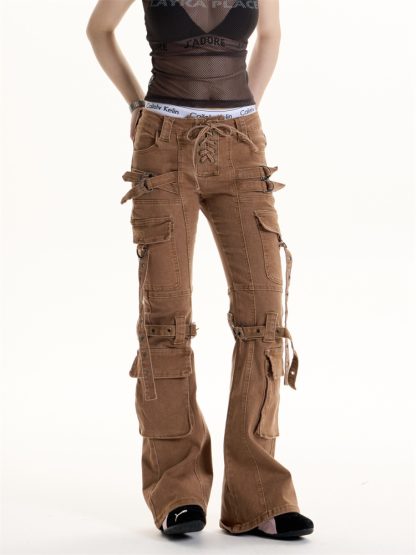 Retro Hot Girl Brown Cargo Jeans Women - Image 3