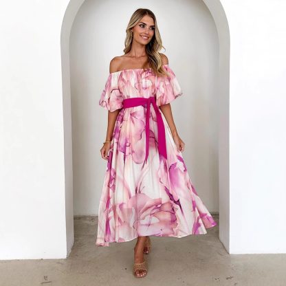 European American Summer New Temperament Shoulder Waist Puff Sleeve Printed Large Swing Dress - Image 2