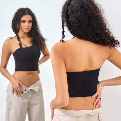 Solid Color Low Cut Sleeveless Midriff-baring One Shoulder Halterneck Vest - Image 2