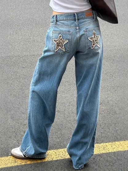Retro Street Leopard Print XINGX Patchwork Stitching Straight Jeans - Image 5