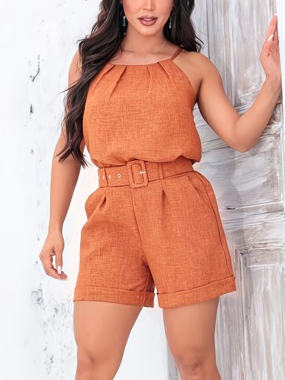 New Solid Color Pleated Pullover High Waist With Belt Hem Shorts Fashion Suspenders Women's Suit - Image 3