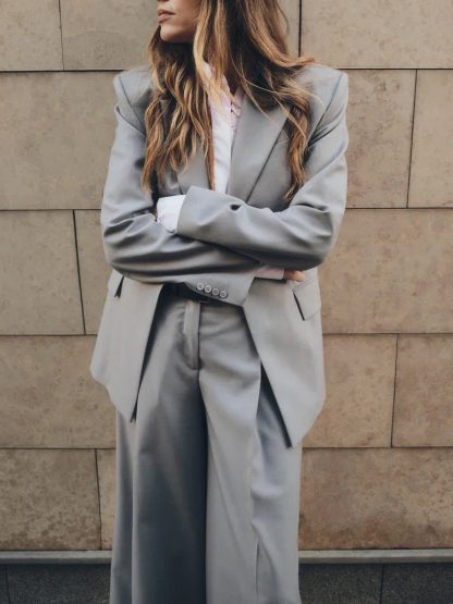 Gray Single-button Blazer & Wide-leg Pants Suit - Image 5