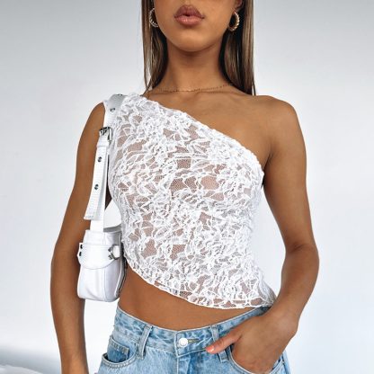 Lace Diagonal Collar Cardigan Loose Stitched Backless Solid Color Top - Image 3