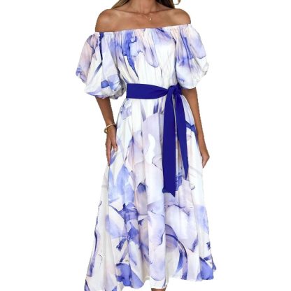 European American Summer New Temperament Shoulder Waist Puff Sleeve Printed Large Swing Dress - Image 5