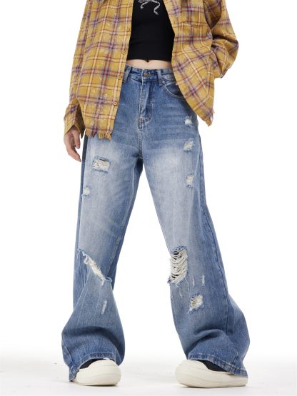 Women's Ripped Washed Blue Jeans - Image 5