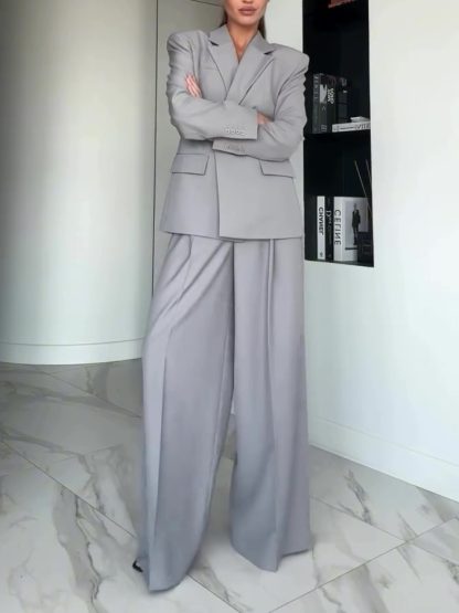 Gray Single-button Blazer & Wide-leg Pants Suit - Image 4