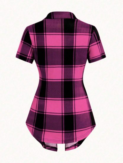 Unity AB Splicing Collar Turn-D2 In 1 Plaid Short-Sleeved T-Shirt - Image 5