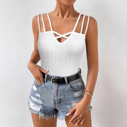 Summer Sleeveless Women's Solid Color Jacquard Camisole Pullover With Hollowed Out Top - Image 4