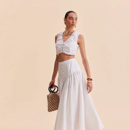French White Stitching Clinch High Waist Dress - Image 3