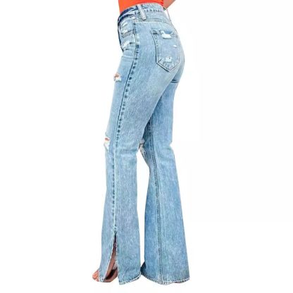 Ladies Jeans High Waist Ripped Slightly Stretch Split Trousers - Image 4