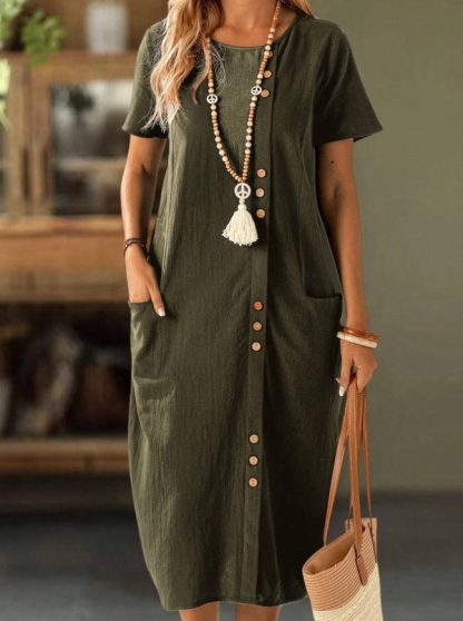 Women's Solid Color Button Front Short Sleeve Pocket Casual Dress - Image 3