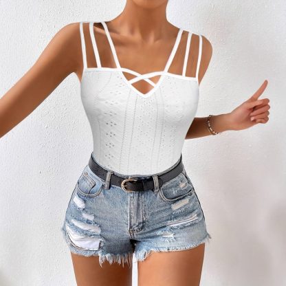Summer Sleeveless Women's Solid Color Jacquard Camisole Pullover With Hollowed Out Top - Image 5