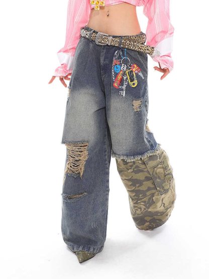 Stitched Camouflage Jeans Fake Two-piece Chain Printed Wide-leg Pants - Image 3