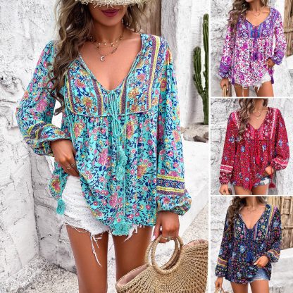 Women's Holiday Floral Print Long Sleeve Shirt - Image 2