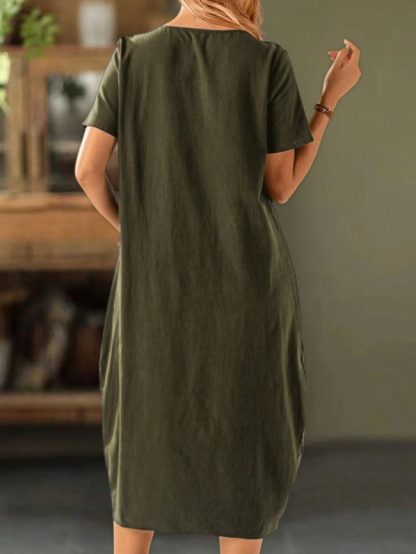 Women's Solid Color Button Front Short Sleeve Pocket Casual Dress - Image 5