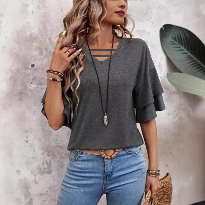 Women's V-neck Flounce Fashion T-shirt - Image 2