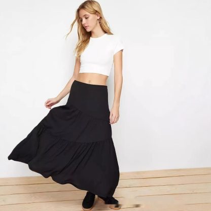 High Waist Elastic Skirt Irregular Pleated A- Line Big Hem Dress - Image 3