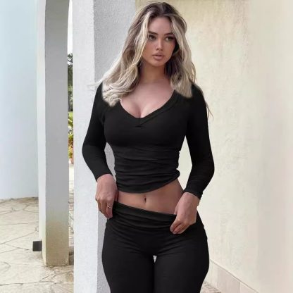 Solid Color Long Sleeve Flared Pants Two-piece Fashion Slim Fit Suit - Image 3