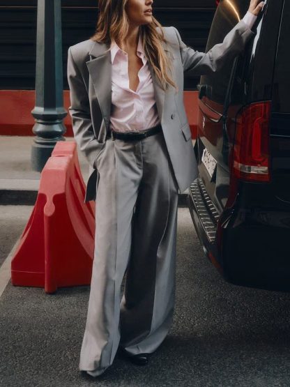 Gray Single-button Blazer & Wide-leg Pants Suit - Image 6