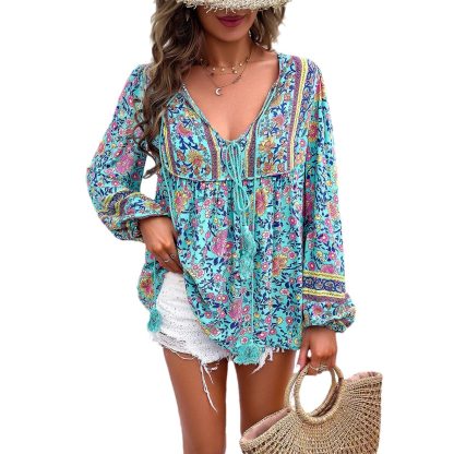 Women's Holiday Floral Print Long Sleeve Shirt - Image 5