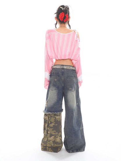 Stitched Camouflage Jeans Fake Two-piece Chain Printed Wide-leg Pants - Image 2
