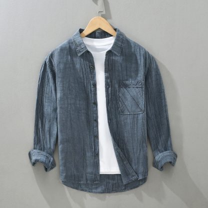 Pleated Lapel Long Linen Sleeves Retro Solid Color Casual Loose Youth Cotton Linen Shirt - Image 2