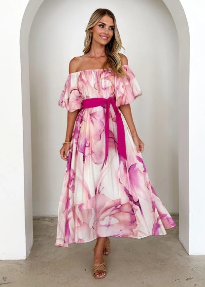 European American Summer New Temperament Shoulder Waist Puff Sleeve Printed Large Swing Dress - Image 6