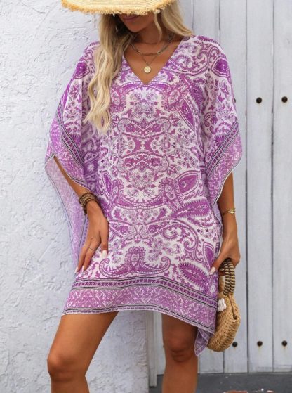 Swim Women's Vacation Paisley Print V-Neck Batwing Sleeve Loose Cover-Up Dress Summer - Image 3