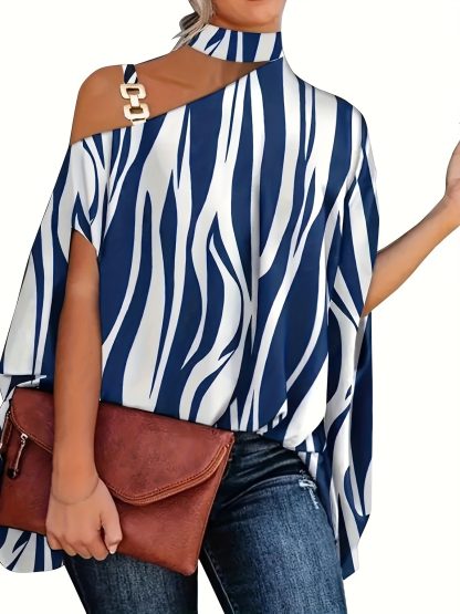 Leaves Print One Shoulder Blouse, Elegant Chain Strap Mock Neck Short Sleeve Blouse For Spring & Summer, Women's Clothing - Image 3