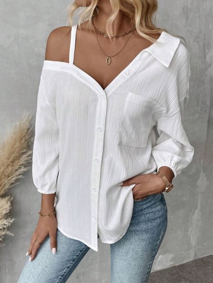 Fall Solid Color White Asymmetric Collar Dropped Shoulder Loose Casual Blouse Spring And Summer New Fashion Street Style Casual Asymmetrical Shoulder Shirt - Image 5
