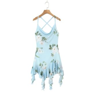 European And American Style Floral Print Asymmetric Knitted Sling Swing Collar Dress
