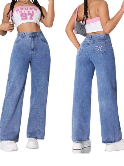 Vintage Bow Embroidered Washed Jeans For Women Straight Loose Trousers - Image 8