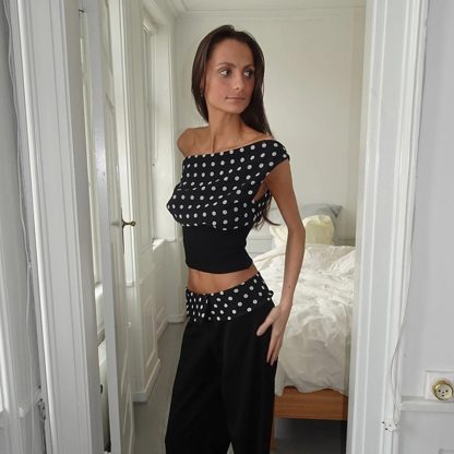 Polka Dots Print Oblique Shoulder Tops Summer Patchwork Chiffon Crop Top Women Sexy Sleeveless Lace Up Backless Blouse Casual Streetwear Tee - Image 9