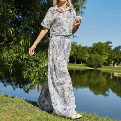 Ink Painting Printing Lapel Short Shirt High Waist Wide Leg Pants Two-piece Set - Image 5