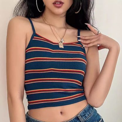 European And American Women's Clothing New Retro Contrast Color Striped Sexy Sling - Image 3