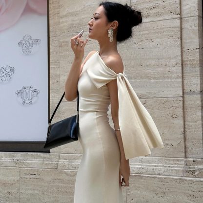 One-shoulder Ribbon Long Dress Ins Fashion Slim Sleeveless Dresses For Evening Party Club Clothing Women - Image 3