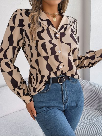 Commuting Elegant Contrast Color Striped Suit Collar Long Sleeve Shirt - Image 8