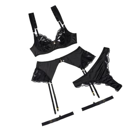 Hollow Embroidery Stitching Satin Ruffled Pendant Sexy Lingerie Four-piece Set - Image 3