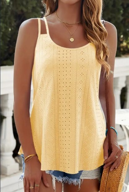Eyelet Lettuce Trim Cami Top, Casual Sleeveless Scoop Neck Versatile Cami Top, Women's Clothing - Image 3