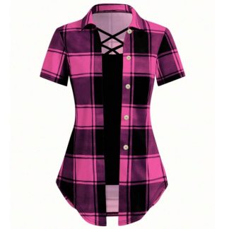 Unity AB Splicing Collar Turn-D2 In 1 Plaid Short-Sleeved T-Shirt