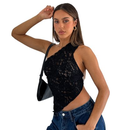 Lace Diagonal Collar Cardigan Loose Stitched Backless Solid Color Top - Image 5