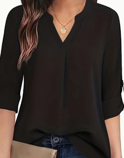 Chic Solid V-Neck Blouse - Fashionable Simplicity For Women - Relaxed Casual Long Sleeve Style - Image 2