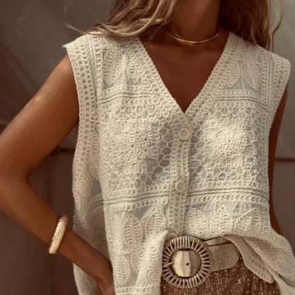 V-neck Vest Lace Embroidered Buckle Cardigan Vest Vacation Top - Image 4