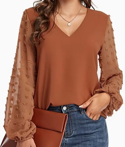 Swiss Dot V Neck Shirt - Soft, Breathable, Casual Solid Shirt For Spring And Fall Season, Women's Clothing With Relaxed Fit And Classic Style - Image 2
